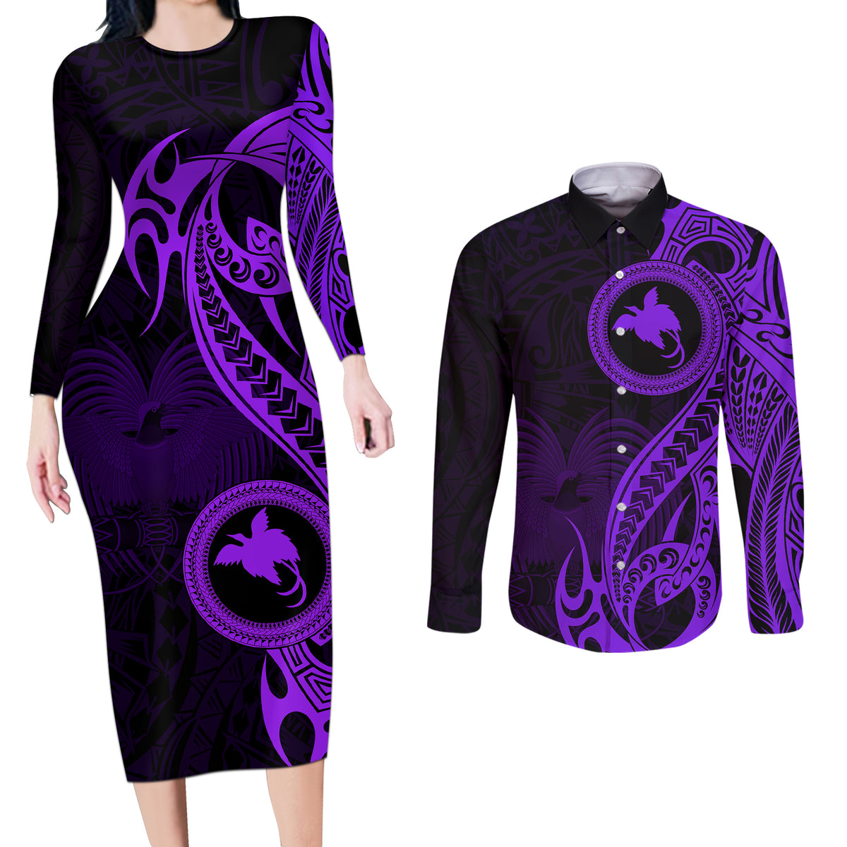 Papua New Guinea Island Couples Matching Long Sleeve Bodycon Dress and Long Sleeve Button Shirts Bird of Paradise with Purple Polynesian Tribal LT9 - Wonder Print Shop