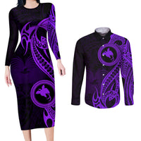 Papua New Guinea Island Couples Matching Long Sleeve Bodycon Dress and Long Sleeve Button Shirts Bird of Paradise with Purple Polynesian Tribal LT9 - Wonder Print Shop