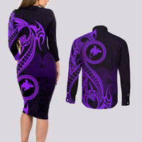 Papua New Guinea Island Couples Matching Long Sleeve Bodycon Dress and Long Sleeve Button Shirts Bird of Paradise with Purple Polynesian Tribal LT9 - Wonder Print Shop