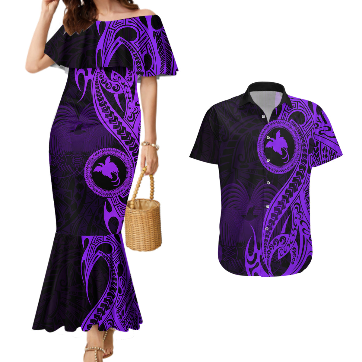 Papua New Guinea Island Couples Matching Mermaid Dress and Hawaiian Shirt Bird of Paradise with Purple Polynesian Tribal LT9 - Wonder Print Shop