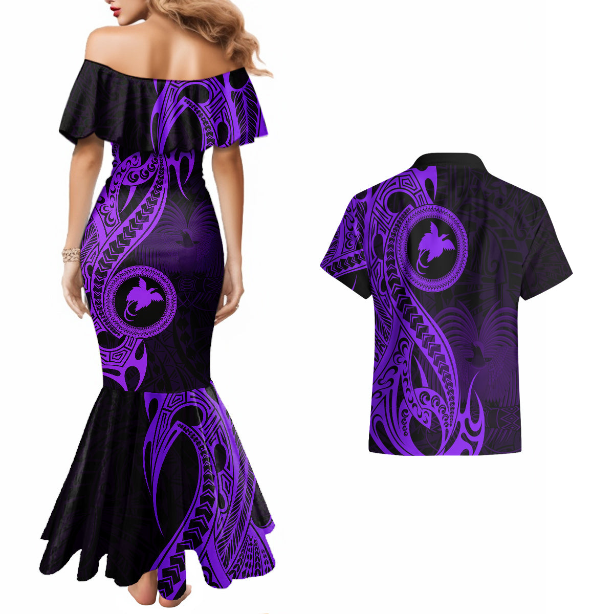 Papua New Guinea Island Couples Matching Mermaid Dress and Hawaiian Shirt Bird of Paradise with Purple Polynesian Tribal LT9 - Wonder Print Shop