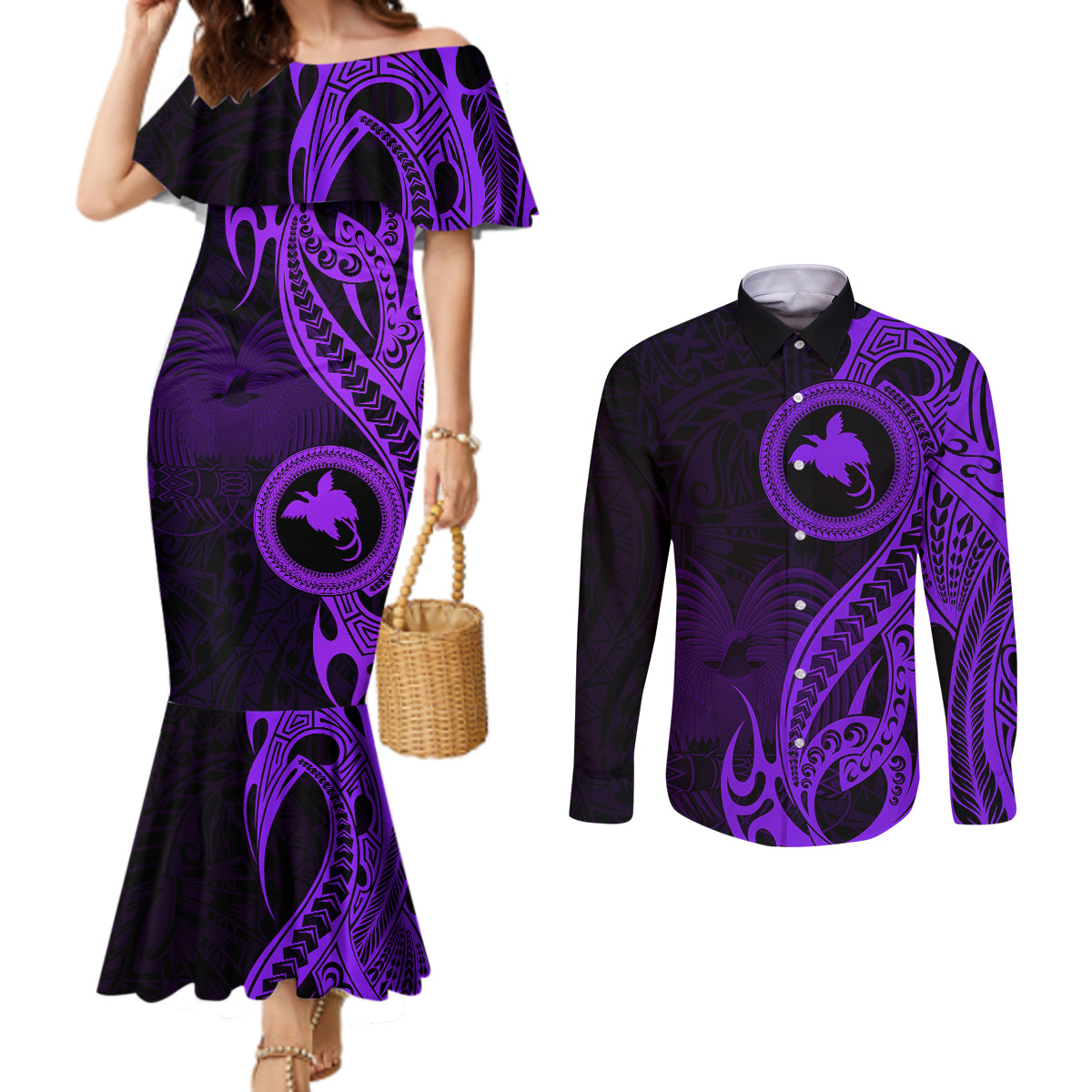 papua-new-guinea-island-couples-matching-mermaid-dress-and-long-sleeve-button-shirts-bird-of-paradise-with-purple-polynesian-tribal