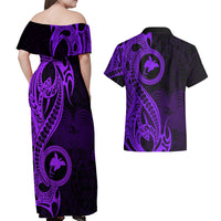 Papua New Guinea Island Couples Matching Off Shoulder Maxi Dress and Hawaiian Shirt Bird of Paradise with Purple Polynesian Tribal LT9 - Wonder Print Shop