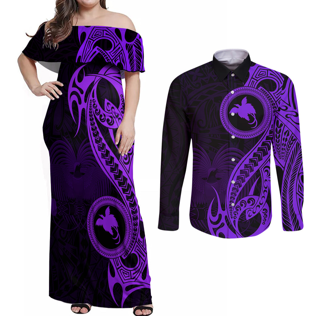 Papua New Guinea Island Couples Matching Off Shoulder Maxi Dress and Long Sleeve Button Shirts Bird of Paradise with Purple Polynesian Tribal LT9 - Wonder Print Shop