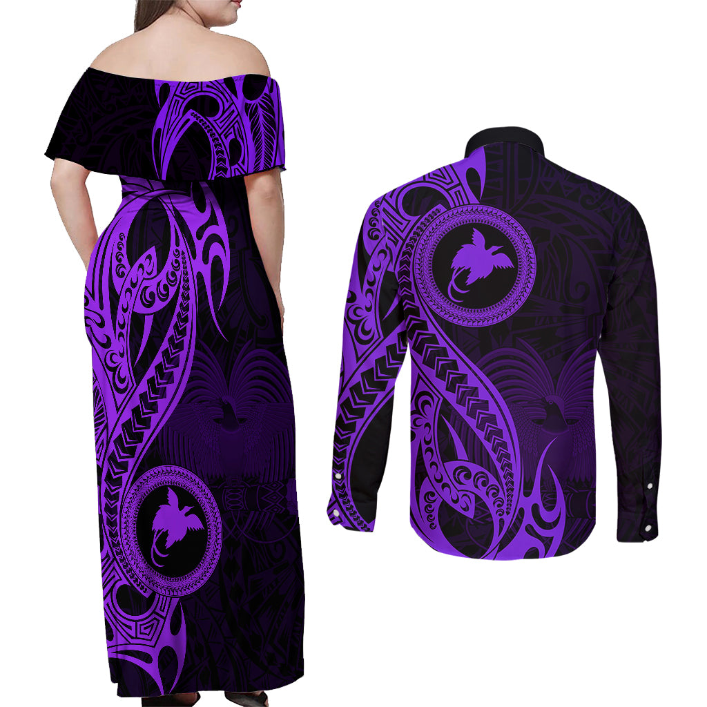 Papua New Guinea Island Couples Matching Off Shoulder Maxi Dress and Long Sleeve Button Shirts Bird of Paradise with Purple Polynesian Tribal LT9 - Wonder Print Shop
