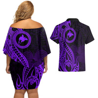 Papua New Guinea Island Couples Matching Off Shoulder Short Dress and Hawaiian Shirt Bird of Paradise with Purple Polynesian Tribal LT9 - Wonder Print Shop