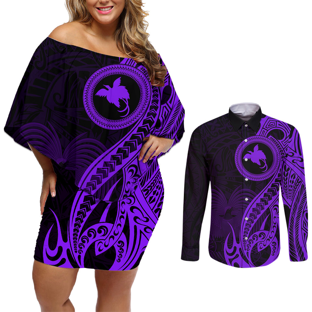 Papua New Guinea Island Couples Matching Off Shoulder Short Dress and Long Sleeve Button Shirts Bird of Paradise with Purple Polynesian Tribal LT9 - Wonder Print Shop