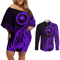 Papua New Guinea Island Couples Matching Off Shoulder Short Dress and Long Sleeve Button Shirts Bird of Paradise with Purple Polynesian Tribal LT9 - Wonder Print Shop