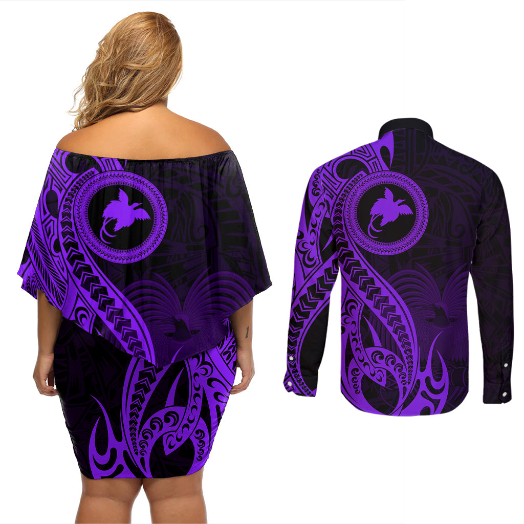 Papua New Guinea Island Couples Matching Off Shoulder Short Dress and Long Sleeve Button Shirts Bird of Paradise with Purple Polynesian Tribal LT9 - Wonder Print Shop