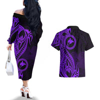 Papua New Guinea Island Couples Matching Off The Shoulder Long Sleeve Dress and Hawaiian Shirt Bird of Paradise with Purple Polynesian Tribal LT9 - Wonder Print Shop