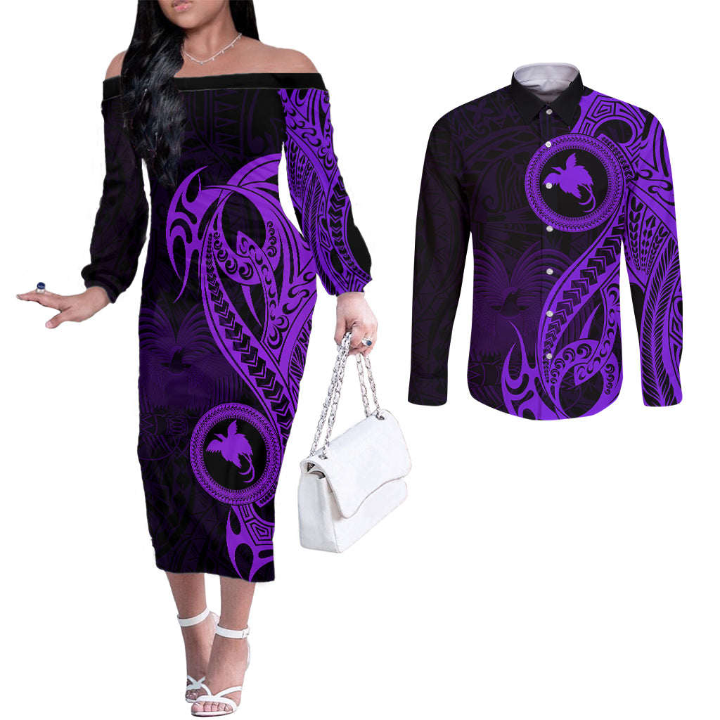 papua-new-guinea-island-couples-matching-off-the-shoulder-long-sleeve-dress-and-long-sleeve-button-shirts-bird-of-paradise-with-purple-polynesian-tribal