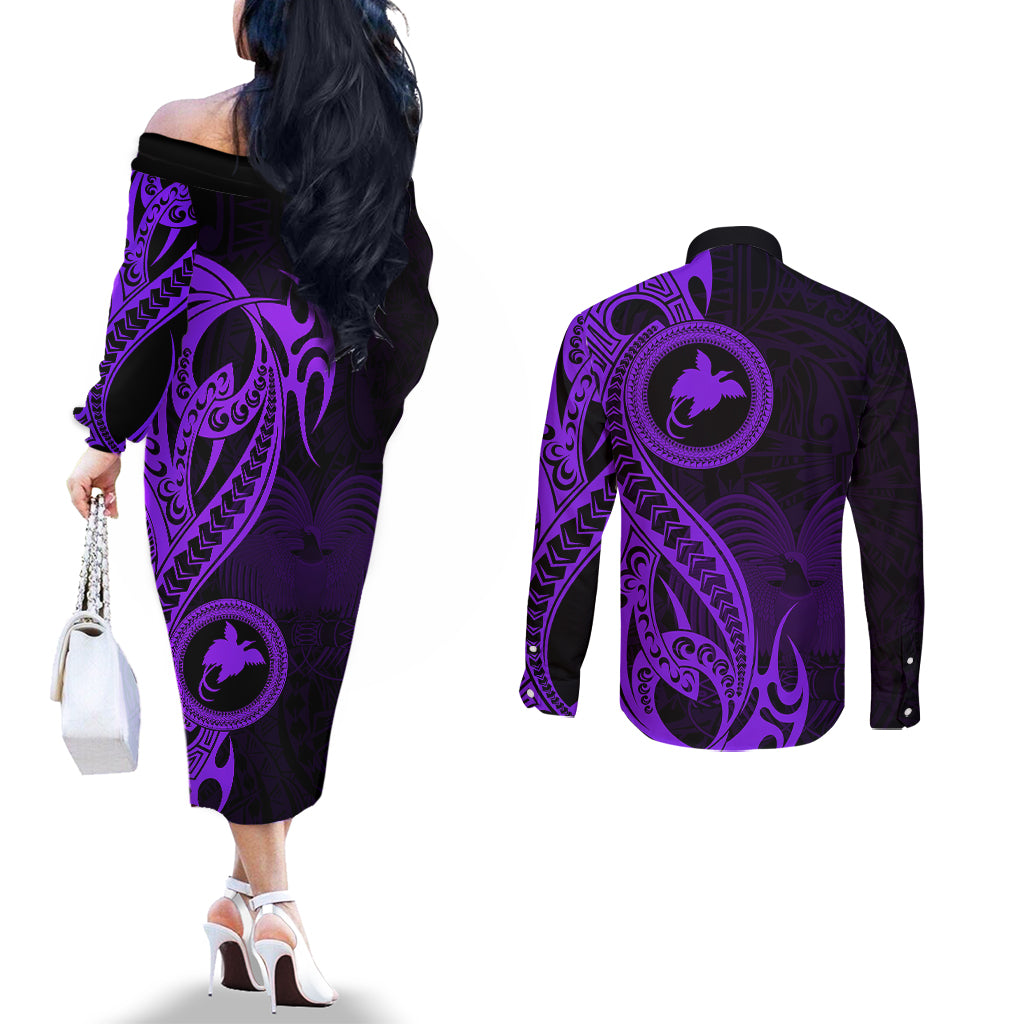 papua-new-guinea-island-couples-matching-off-the-shoulder-long-sleeve-dress-and-long-sleeve-button-shirts-bird-of-paradise-with-purple-polynesian-tribal