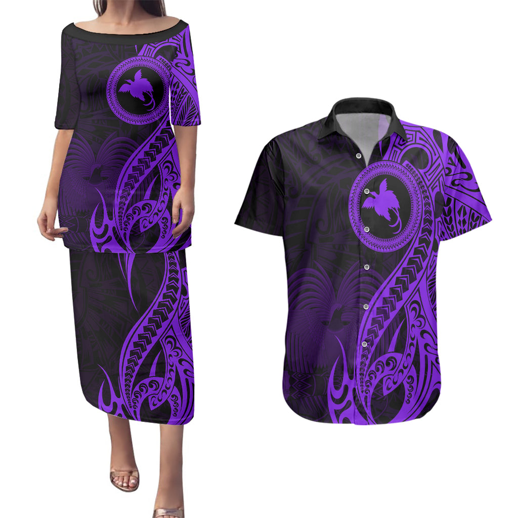 Papua New Guinea Island Couples Matching Puletasi Dress and Hawaiian Shirt Bird of Paradise with Purple Polynesian Tribal LT9 - Wonder Print Shop