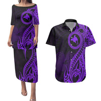 Papua New Guinea Island Couples Matching Puletasi Dress and Hawaiian Shirt Bird of Paradise with Purple Polynesian Tribal LT9 - Wonder Print Shop