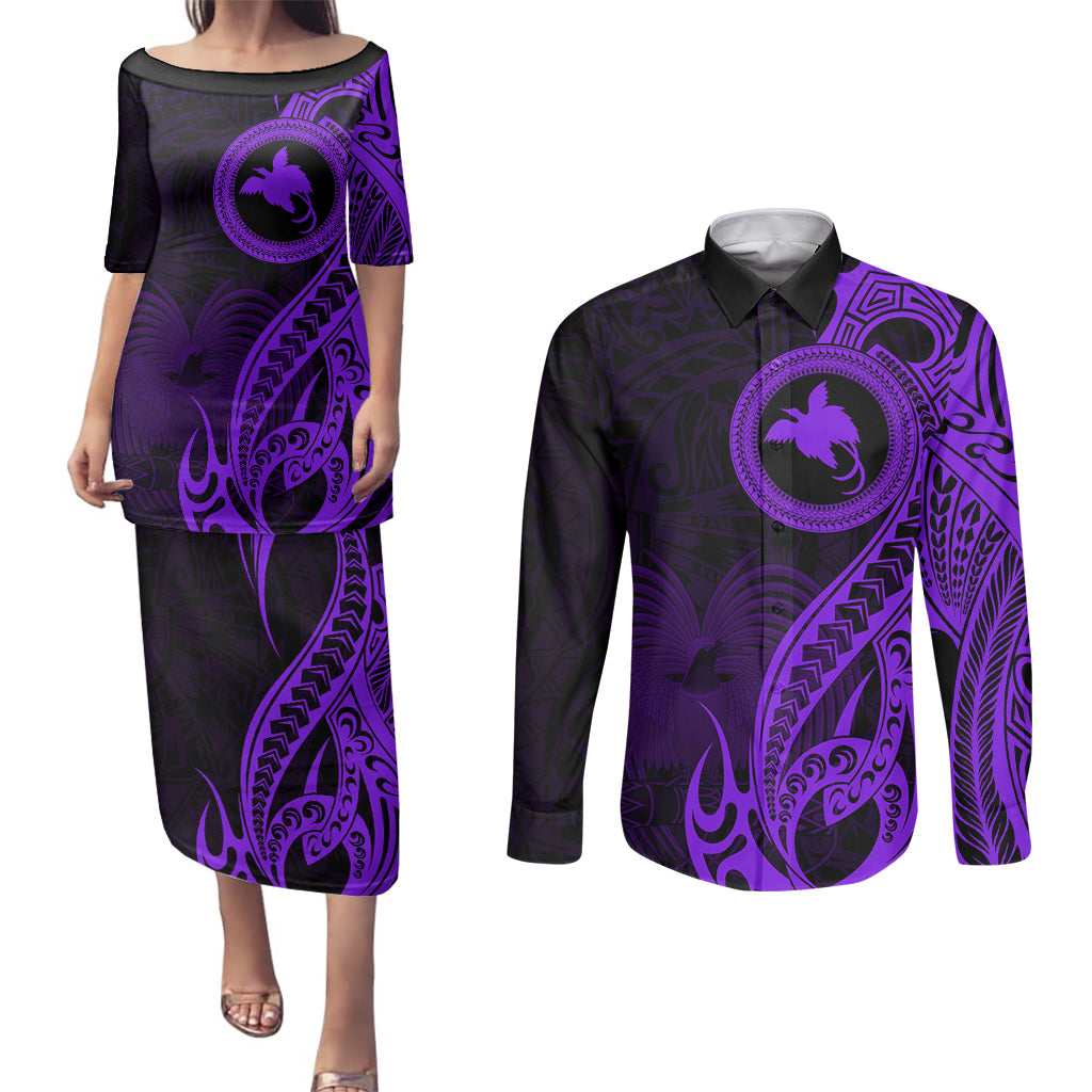 Papua New Guinea Island Couples Matching Puletasi Dress and Long Sleeve Button Shirts Bird of Paradise with Purple Polynesian Tribal LT9 - Wonder Print Shop