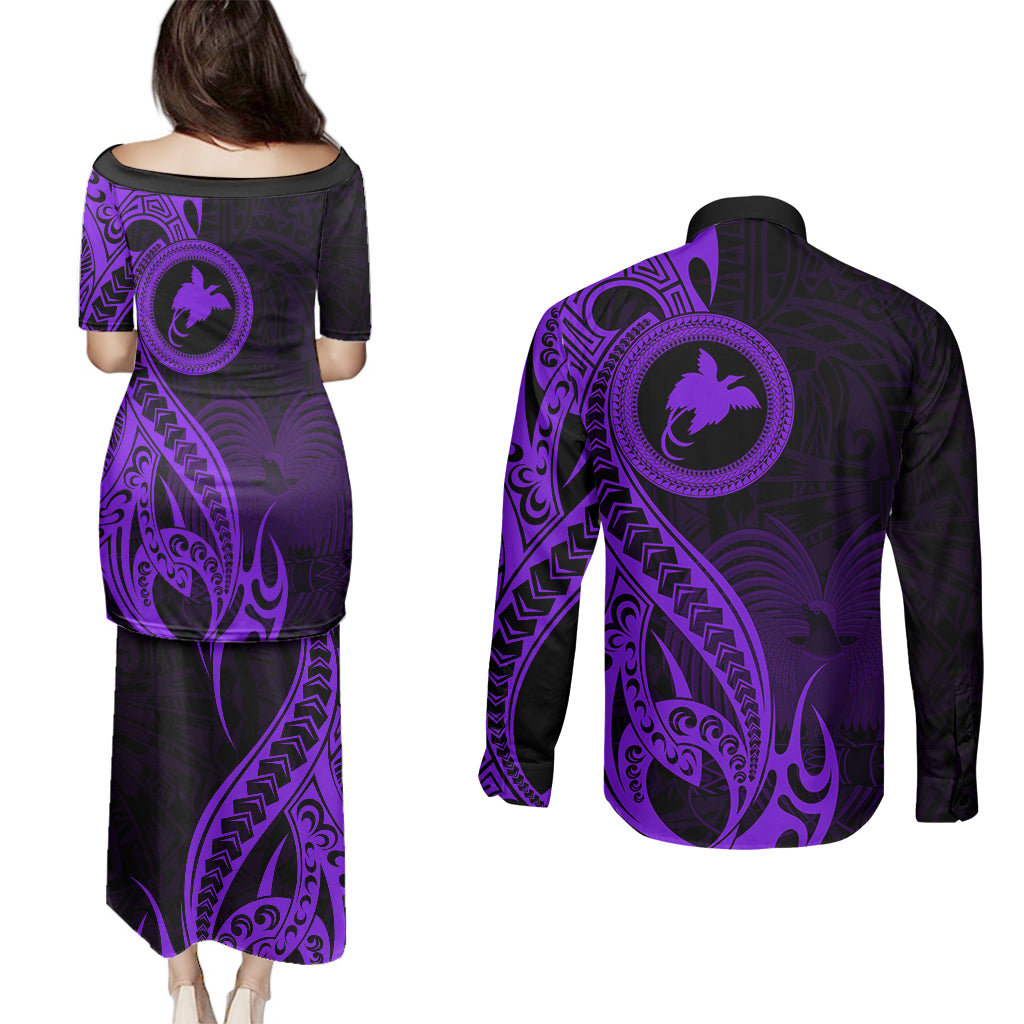 Papua New Guinea Island Couples Matching Puletasi Dress and Long Sleeve Button Shirts Bird of Paradise with Purple Polynesian Tribal LT9 - Wonder Print Shop