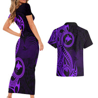 Papua New Guinea Island Couples Matching Short Sleeve Bodycon Dress and Hawaiian Shirt Bird of Paradise with Purple Polynesian Tribal LT9 - Wonder Print Shop