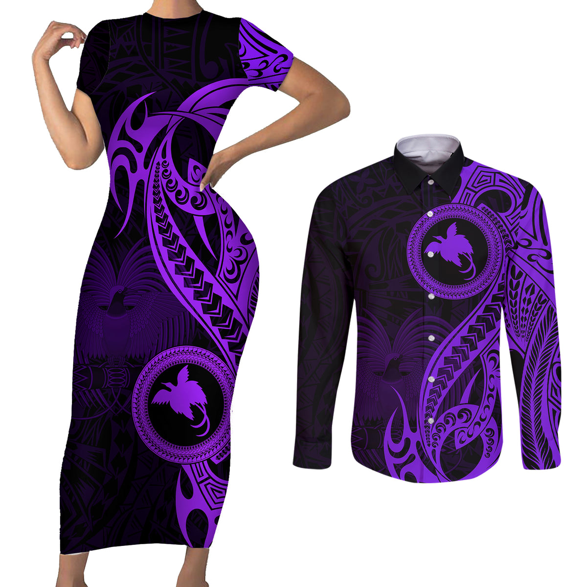 Papua New Guinea Island Couples Matching Short Sleeve Bodycon Dress and Long Sleeve Button Shirts Bird of Paradise with Purple Polynesian Tribal LT9 - Wonder Print Shop