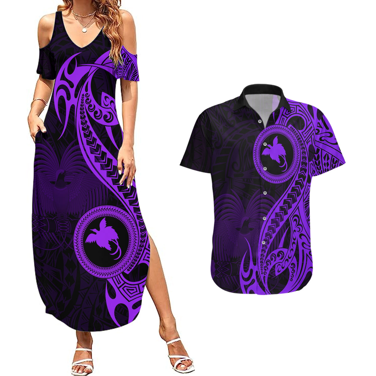 Papua New Guinea Island Couples Matching Summer Maxi Dress and Hawaiian Shirt Bird of Paradise with Purple Polynesian Tribal LT9 - Wonder Print Shop