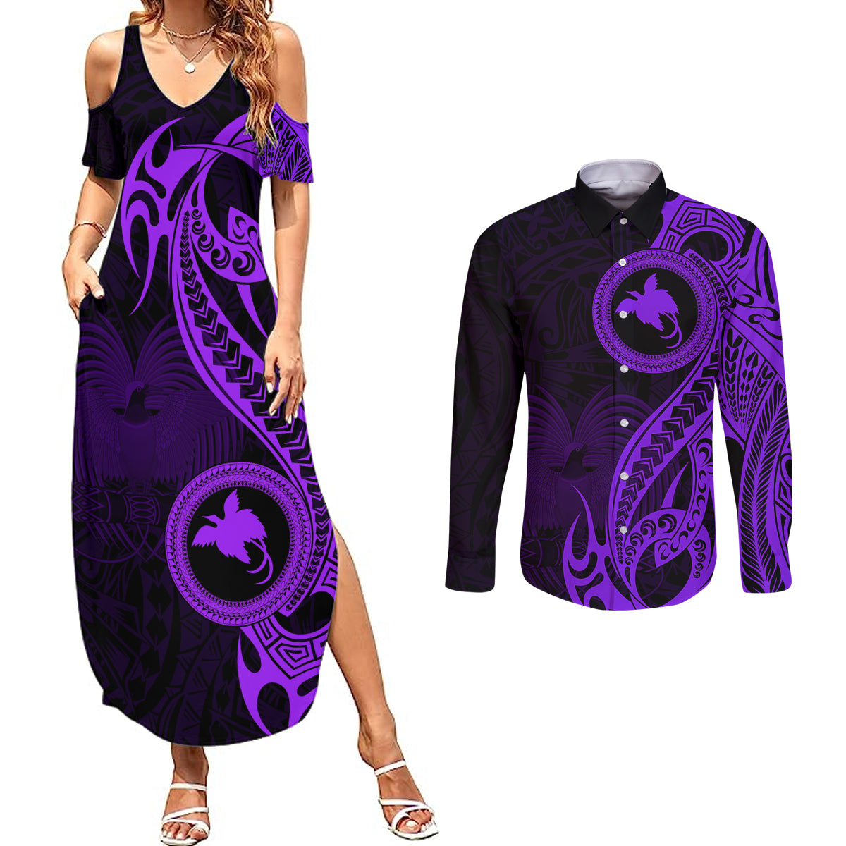 Papua New Guinea Island Couples Matching Summer Maxi Dress and Long Sleeve Button Shirts Bird of Paradise with Purple Polynesian Tribal LT9 - Wonder Print Shop