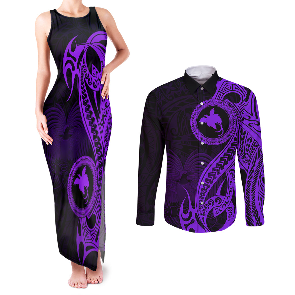 Papua New Guinea Island Couples Matching Tank Maxi Dress and Long Sleeve Button Shirts Bird of Paradise with Purple Polynesian Tribal LT9 - Wonder Print Shop