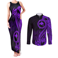 Papua New Guinea Island Couples Matching Tank Maxi Dress and Long Sleeve Button Shirts Bird of Paradise with Purple Polynesian Tribal LT9 - Wonder Print Shop