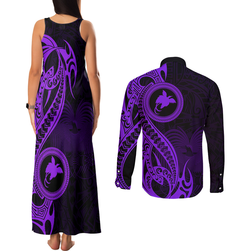 Papua New Guinea Island Couples Matching Tank Maxi Dress and Long Sleeve Button Shirts Bird of Paradise with Purple Polynesian Tribal LT9 - Wonder Print Shop