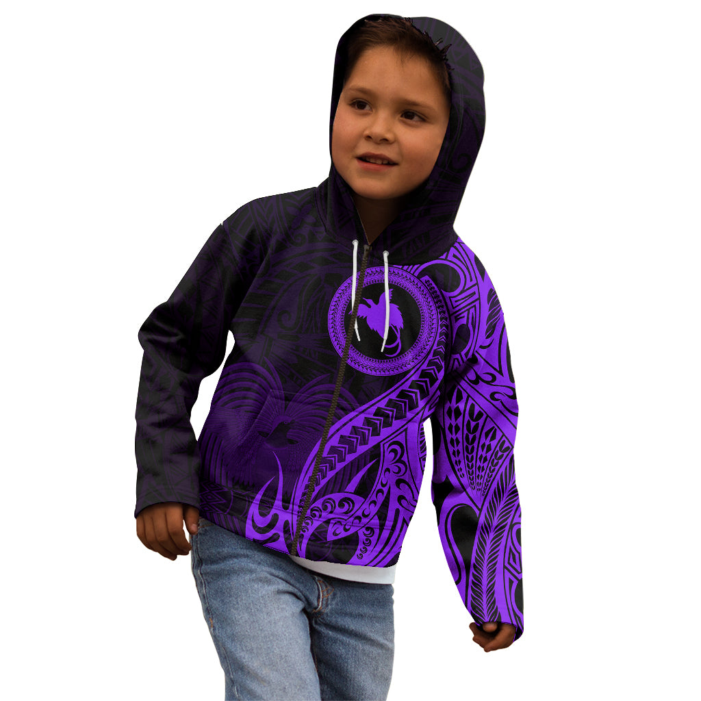 Papua New Guinea Island Kid Hoodie Bird of Paradise with Purple Polynesian Tribal - Wonder Print Shop