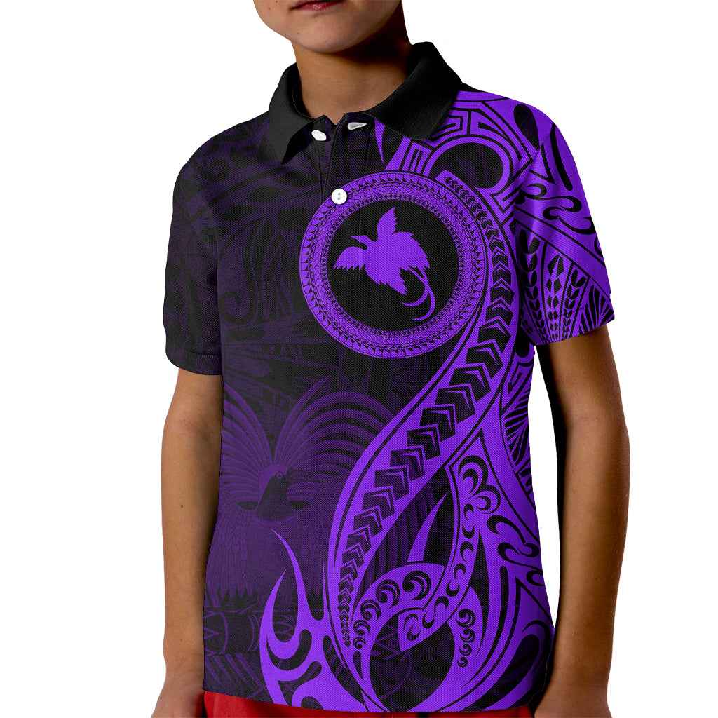 Papua New Guinea Island Kid Polo Shirt Bird of Paradise with Purple Polynesian Tribal - Wonder Print Shop