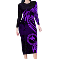 Papua New Guinea Island Long Sleeve Bodycon Dress Bird of Paradise with Purple Polynesian Tribal - Wonder Print Shop