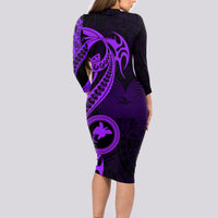 Papua New Guinea Island Long Sleeve Bodycon Dress Bird of Paradise with Purple Polynesian Tribal - Wonder Print Shop