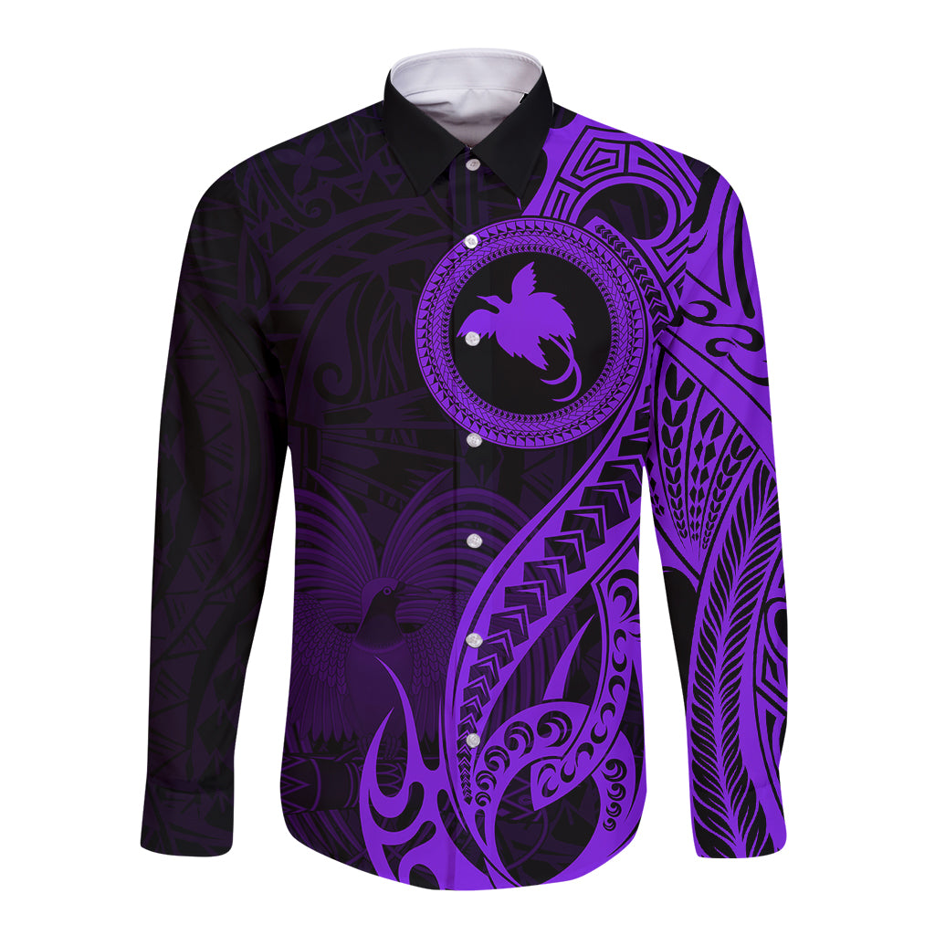 Papua New Guinea Island Long Sleeve Button Shirt Bird of Paradise with Purple Polynesian Tribal - Wonder Print Shop