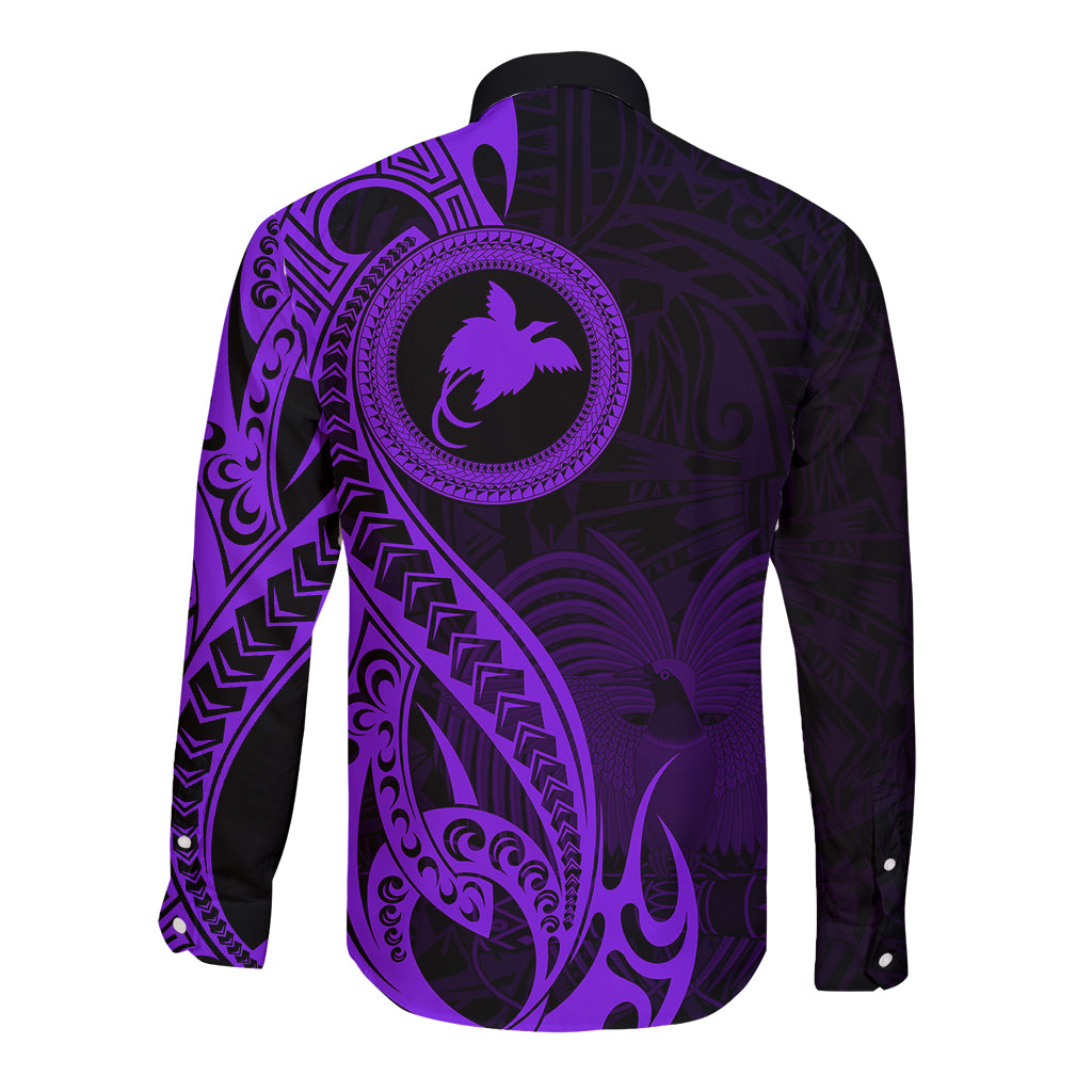 Papua New Guinea Island Long Sleeve Button Shirt Bird of Paradise with Purple Polynesian Tribal - Wonder Print Shop