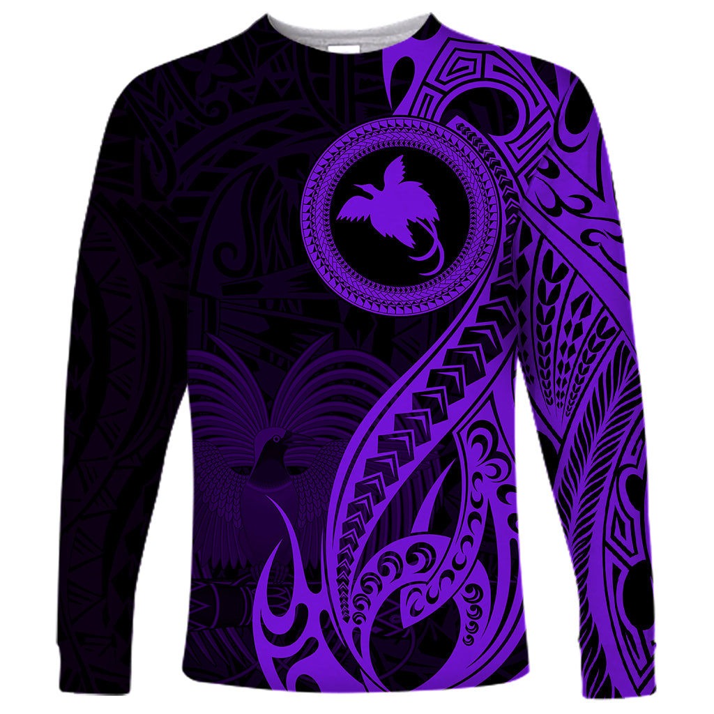 Papua New Guinea Island Long Sleeve Shirt Bird of Paradise with Purple Polynesian Tribal - Wonder Print Shop