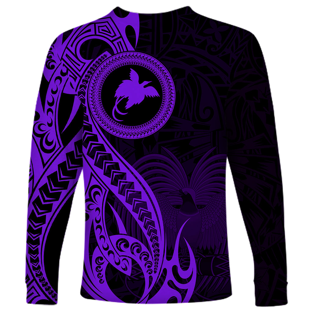 Papua New Guinea Island Long Sleeve Shirt Bird of Paradise with Purple Polynesian Tribal - Wonder Print Shop