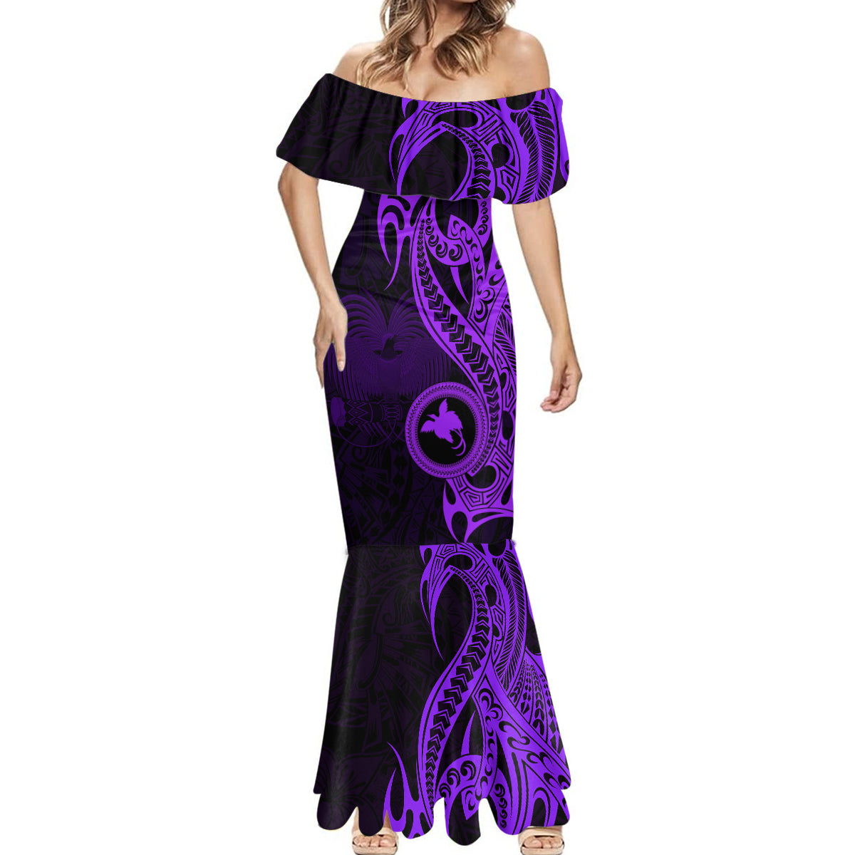 Papua New Guinea Island Mermaid Dress Bird of Paradise with Purple Polynesian Tribal - Wonder Print Shop