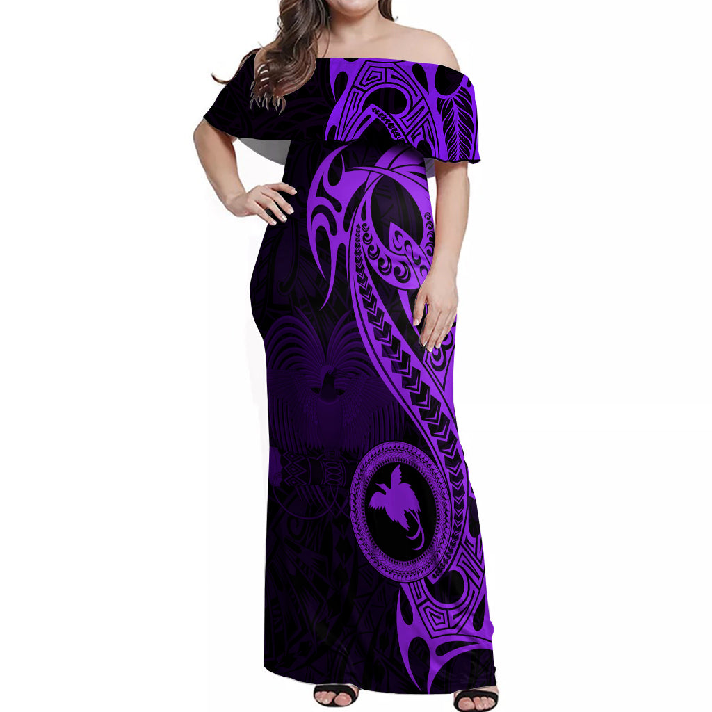 Papua New Guinea Island Off Shoulder Maxi Dress Bird of Paradise with Purple Polynesian Tribal - Wonder Print Shop