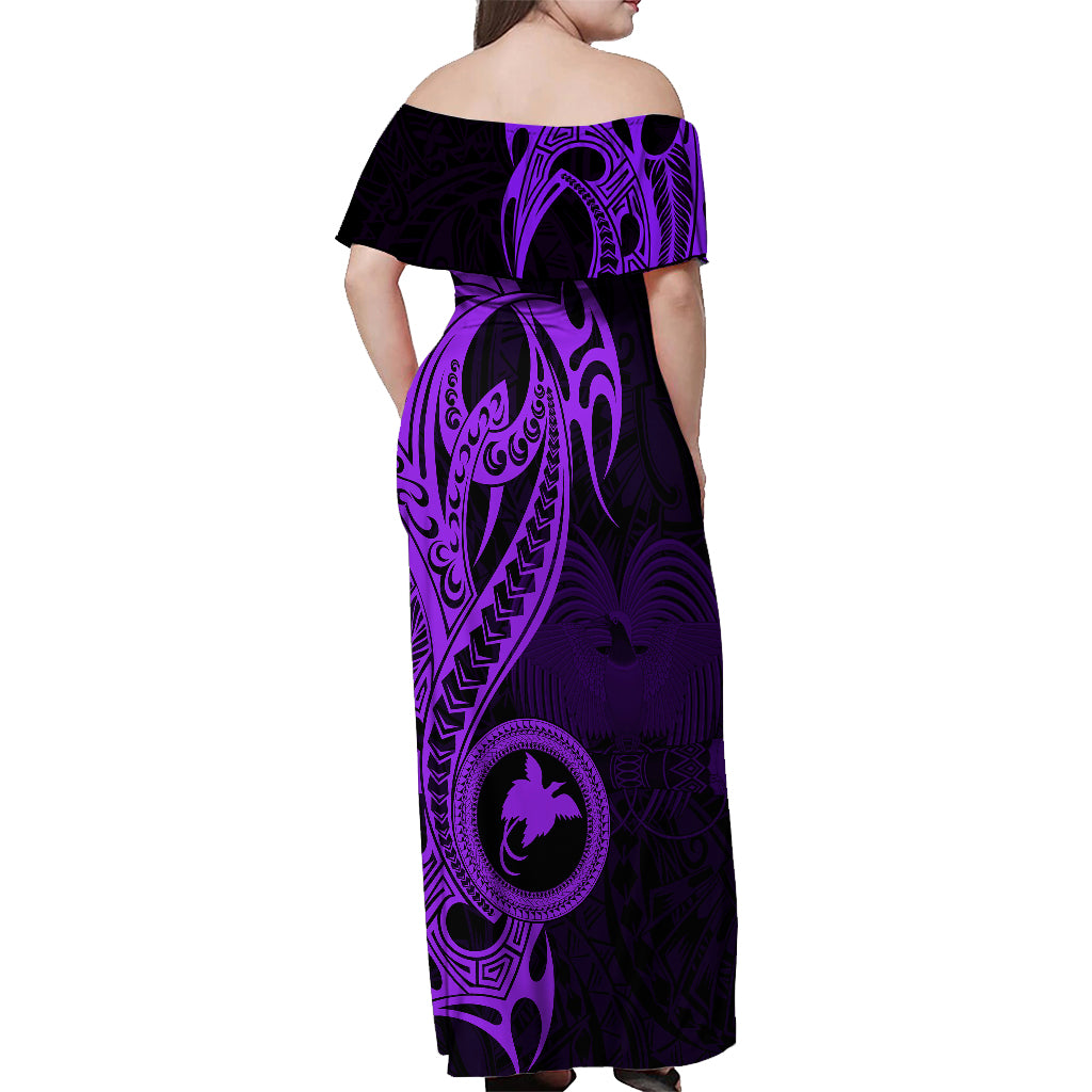 Papua New Guinea Island Off Shoulder Maxi Dress Bird of Paradise with Purple Polynesian Tribal - Wonder Print Shop