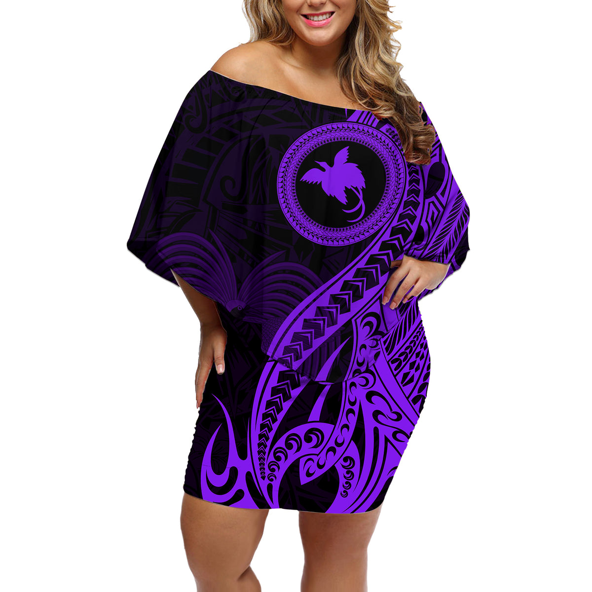 Papua New Guinea Island Off Shoulder Short Dress Bird of Paradise with Purple Polynesian Tribal - Wonder Print Shop