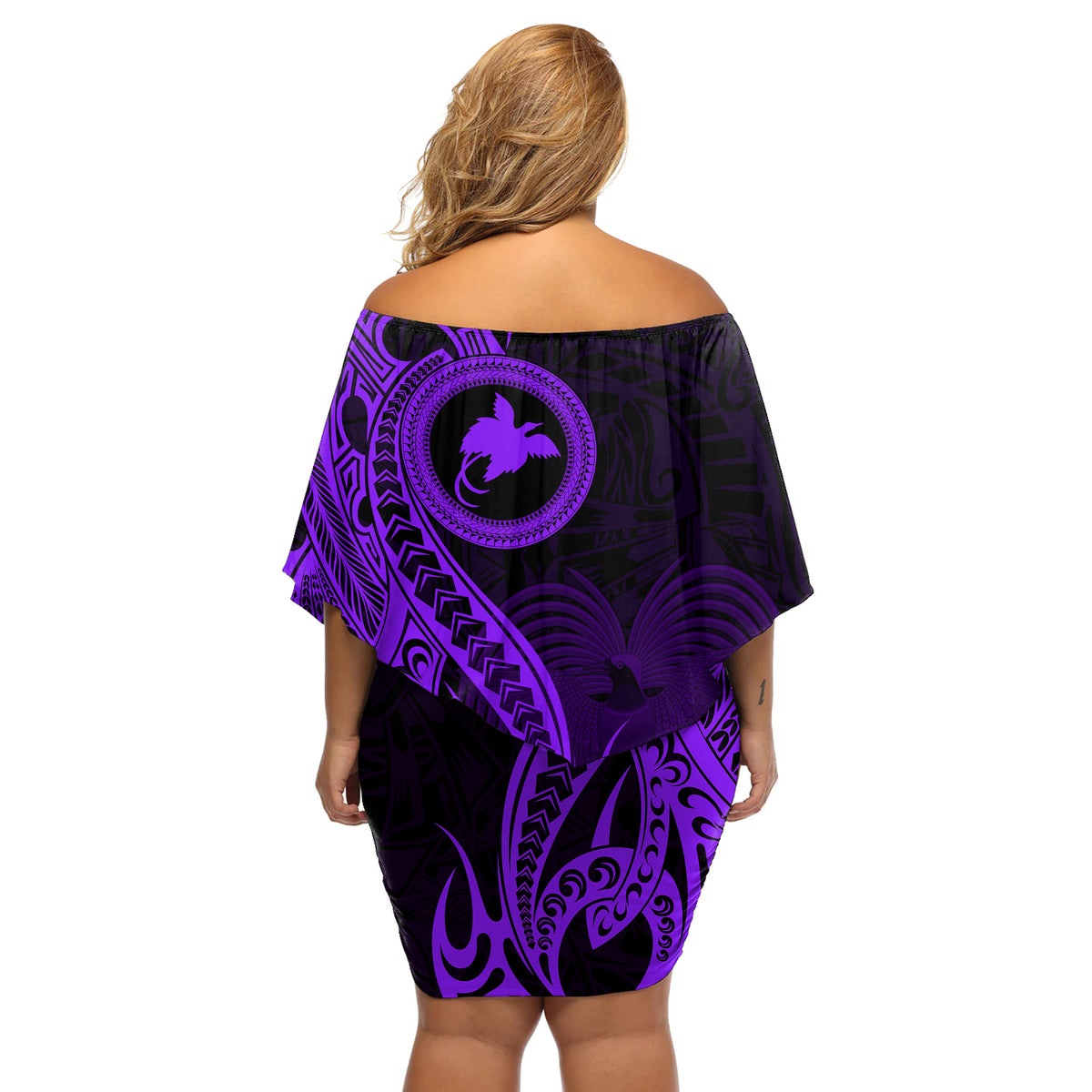 Papua New Guinea Island Off Shoulder Short Dress Bird of Paradise with Purple Polynesian Tribal - Wonder Print Shop