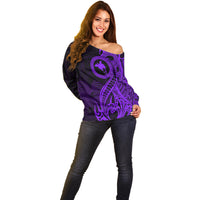 Papua New Guinea Island Off Shoulder Sweater Bird of Paradise with Purple Polynesian Tribal - Wonder Print Shop