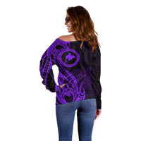 Papua New Guinea Island Off Shoulder Sweater Bird of Paradise with Purple Polynesian Tribal - Wonder Print Shop