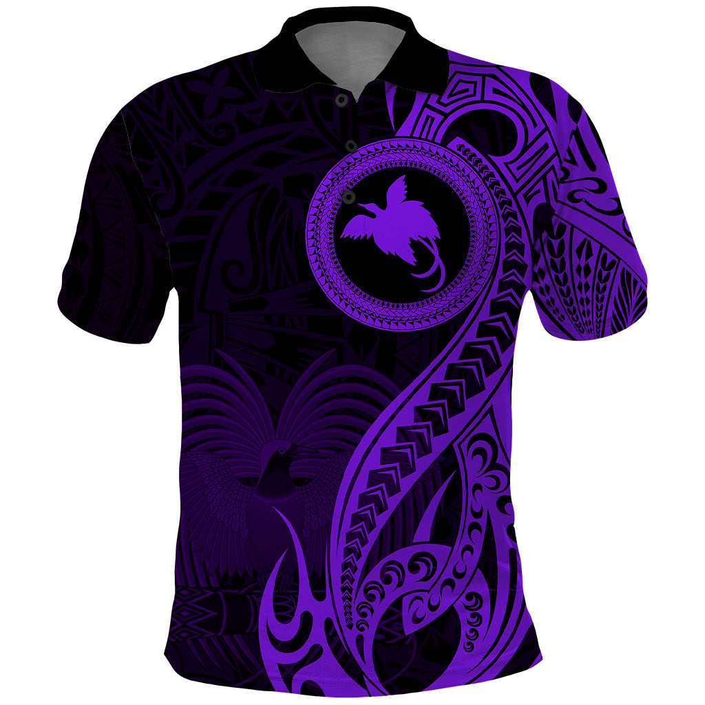 Papua New Guinea Island Polo Shirt Bird of Paradise with Purple Polynesian Tribal - Wonder Print Shop