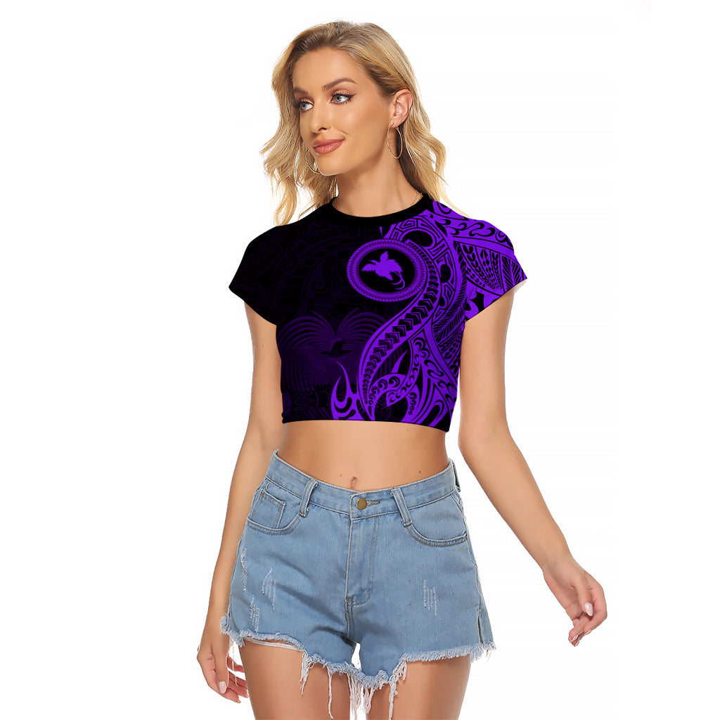 Papua New Guinea Island Raglan Cropped T Shirt Bird of Paradise with Purple Polynesian Tribal - Wonder Print Shop