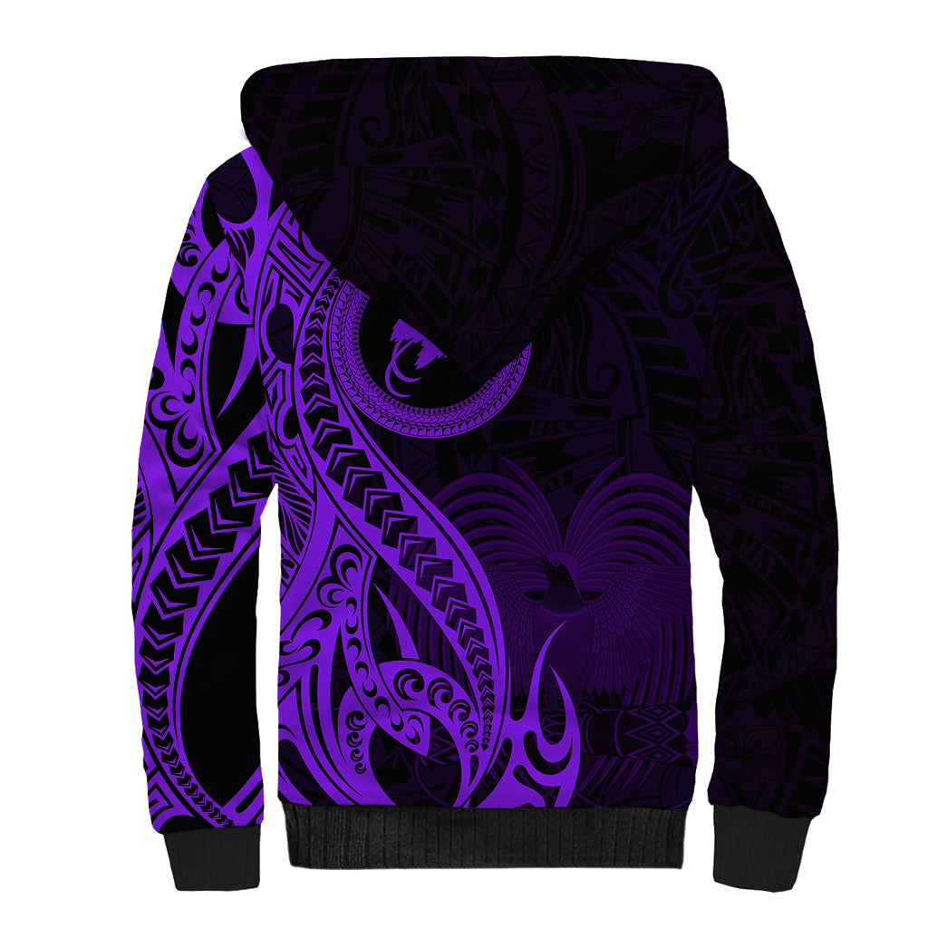 Papua New Guinea Island Sherpa Hoodie Bird of Paradise with Purple Polynesian Tribal - Wonder Print Shop