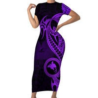Papua New Guinea Island Short Sleeve Bodycon Dress Bird of Paradise with Purple Polynesian Tribal - Wonder Print Shop