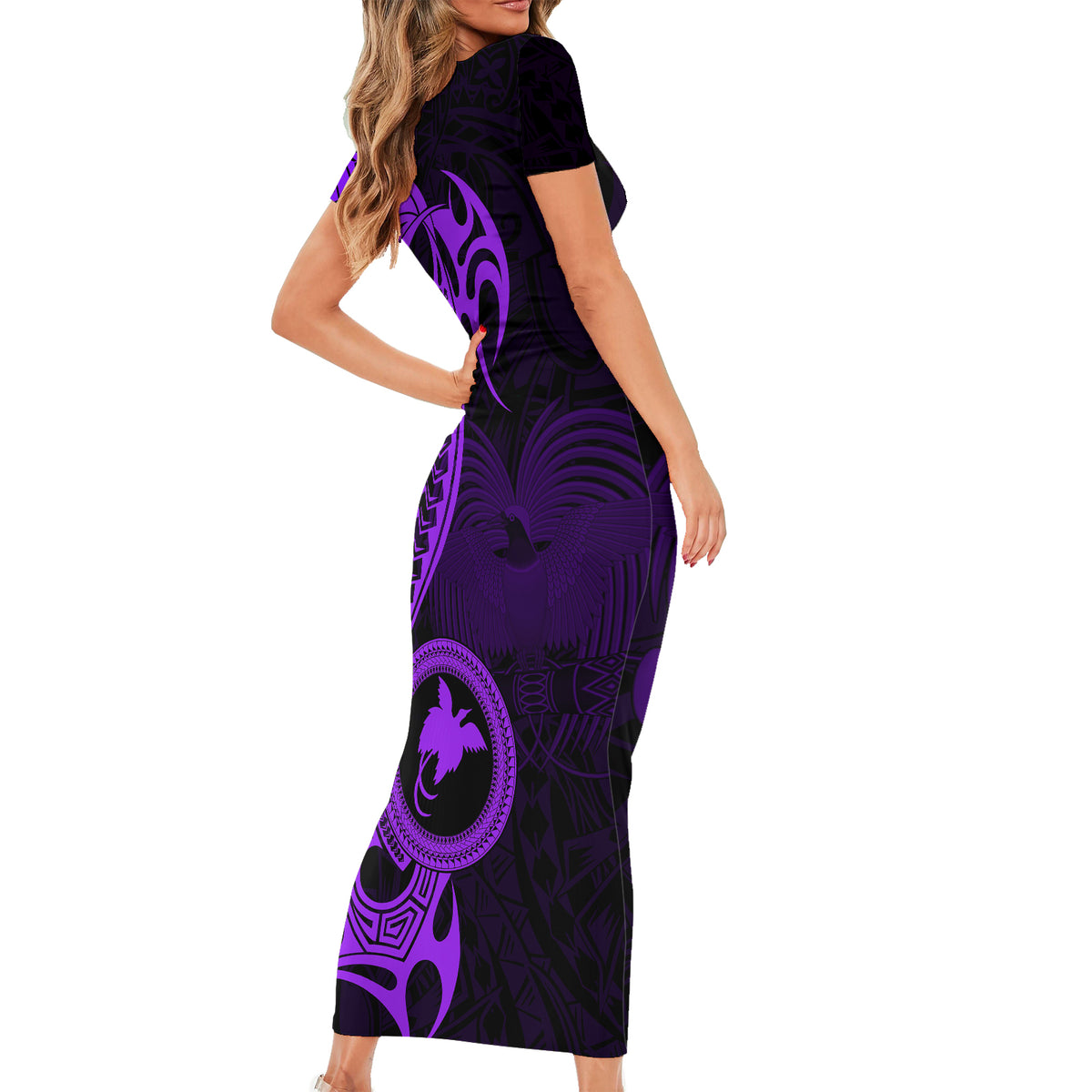 Papua New Guinea Island Short Sleeve Bodycon Dress Bird of Paradise with Purple Polynesian Tribal - Wonder Print Shop