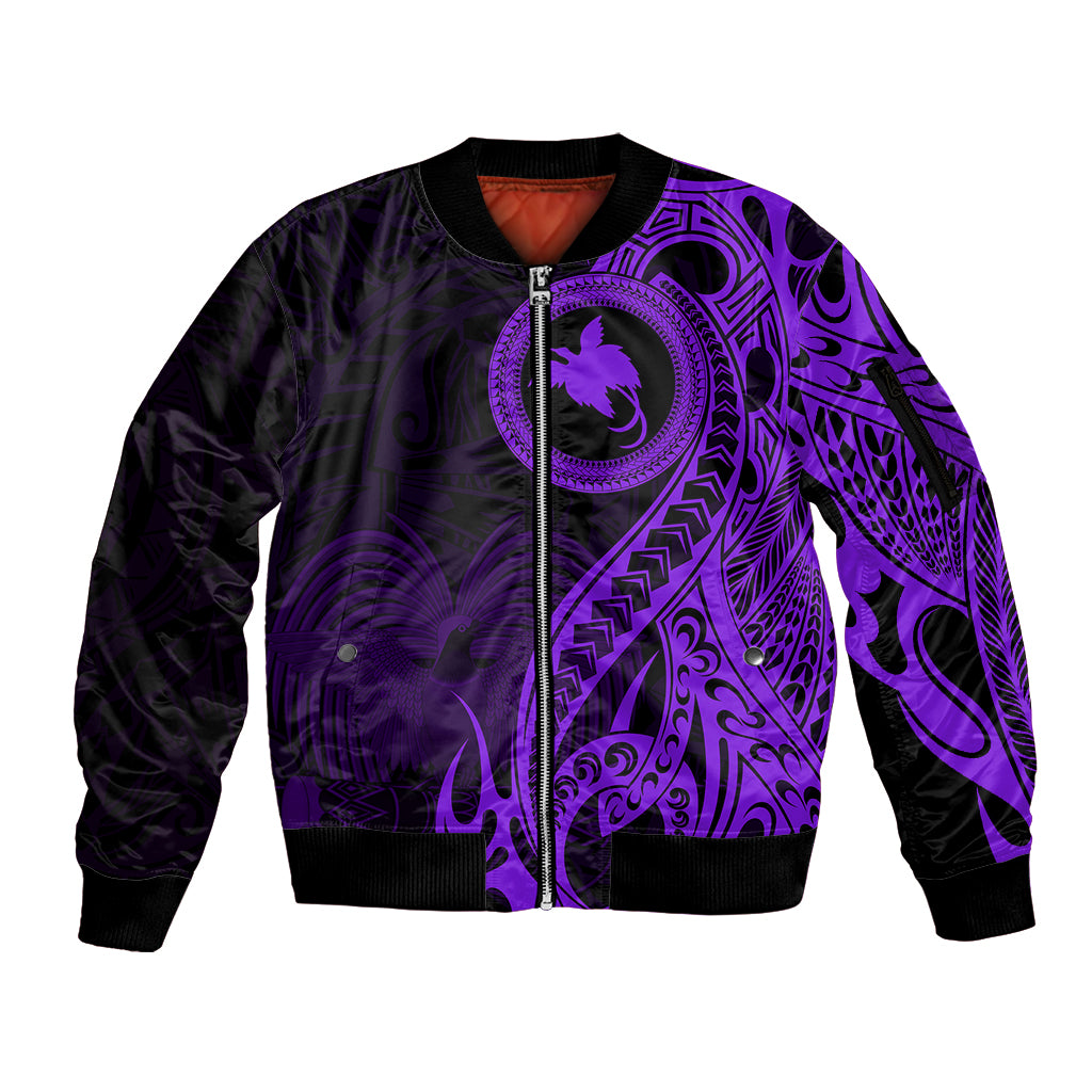 Papua New Guinea Island Sleeve Zip Bomber Jacket Bird of Paradise with Purple Polynesian Tribal - Wonder Print Shop