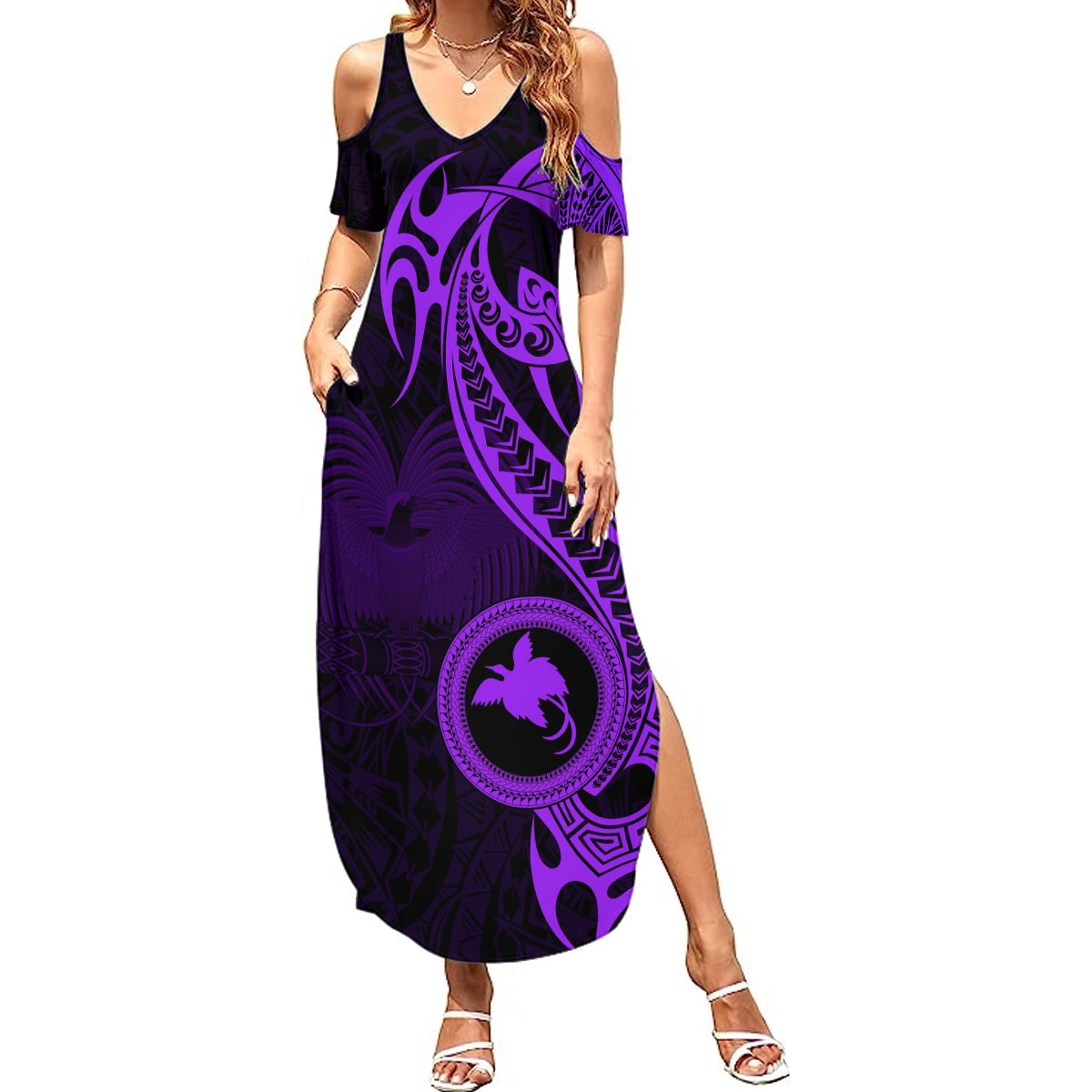 Papua New Guinea Island Summer Maxi Dress Bird of Paradise with Purple Polynesian Tribal - Wonder Print Shop