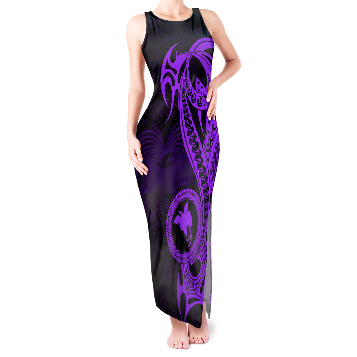 Papua New Guinea Island Tank Maxi Dress Bird of Paradise with Purple Polynesian Tribal - Wonder Print Shop